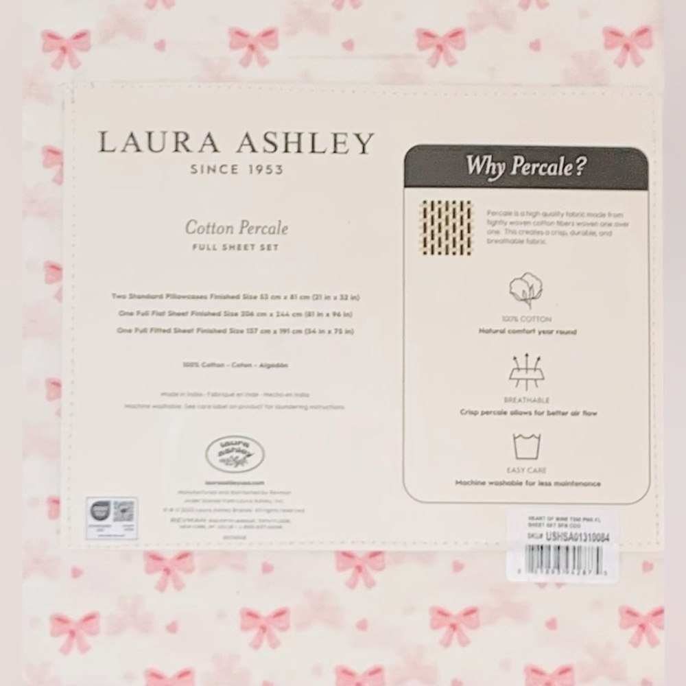 Laura Ashley Heart of Mine Pink Bow Hearts Valentine Sheet Set - Full - Picture 4 of 5